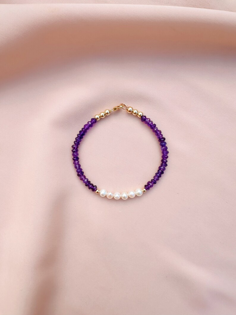 Amethyst & Freshwater Pearl Bracelet, Purple Beaded Bracelet, Dainty Gemstone Bracelet, Purple Crystal Jewelry, February Birthstone Jewelry image 5