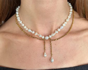 Double Strand Pearl and Gold Chain Necklace, Pearl Drop Necklace, Pearl Collar Necklace, Gold Chain & Pearl Necklace, Cottagecore, Fairycore