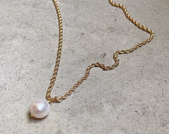 14k Gold-Filled Rope Chain and Pearl Pendant Necklace, Pearl Charm Necklace, Gold Rope Chain, Pearl & Gold Necklace, Everyday Pearl Necklace