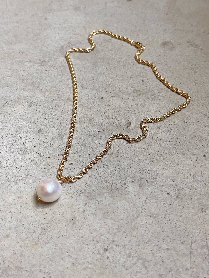 14k Gold-Filled Rope Chain and Pearl Pendant Necklace, Pearl Charm Necklace, Gold Rope Chain, Pearl & Gold Necklace, Everyday Pearl Necklace image 1