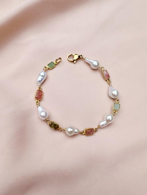 Freshwater Baroque Pearl and Tourmaline Bracelet Gemstone and Pearl Bracelet Colorful Pearl Bracelet Tourmaline Jewelry Boho Jewelry
