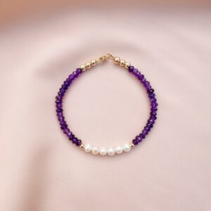 Amethyst & Freshwater Pearl Bracelet, Purple Beaded Bracelet, Dainty Gemstone Bracelet, Purple Crystal Jewelry, February Birthstone Jewelry image 4