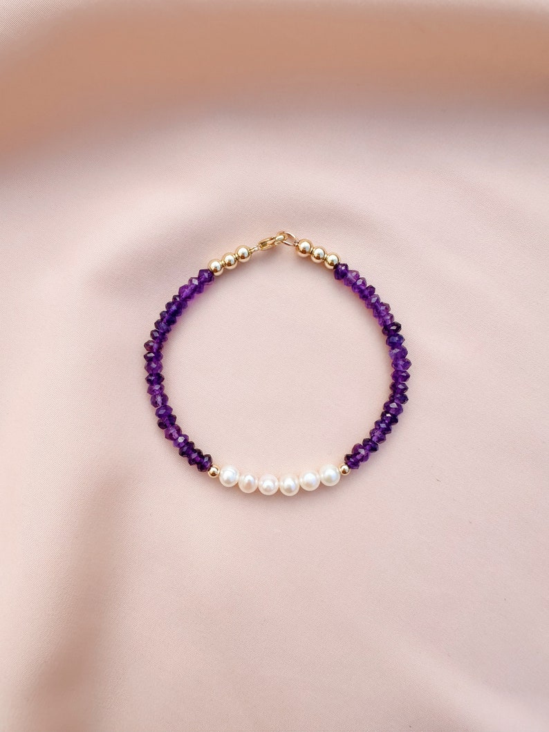 Amethyst & Freshwater Pearl Bracelet, Purple Beaded Bracelet, Dainty Gemstone Bracelet, Purple Crystal Jewelry, February Birthstone Jewelry image 4