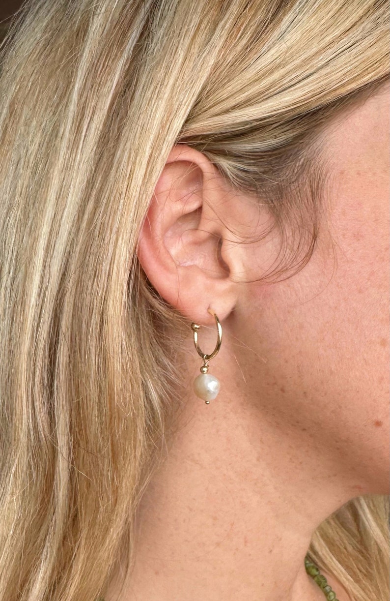 14k Gold-Filled Hoop and Pearl Drop Earrings, Gold Hoop Earrings with Pearl Charm, Pearl Drop Earrings, Bridesmaid Earrings, Thin Gold Hoops image 5