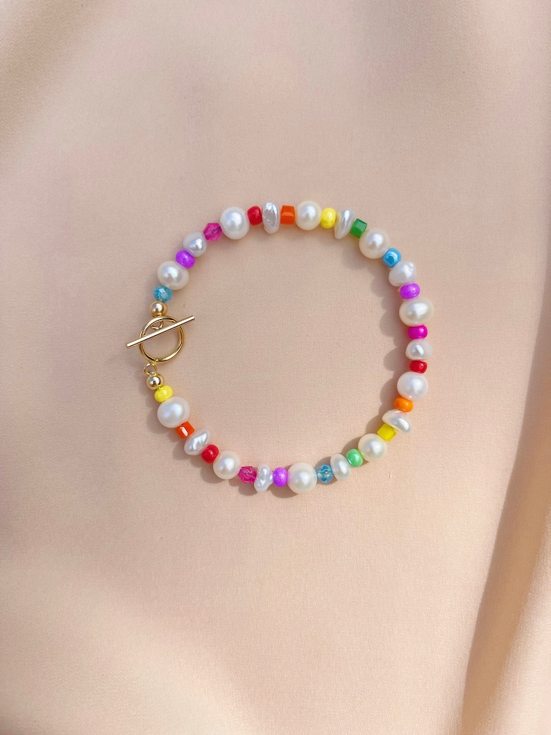 Rainbow Bead & Freshwater Pearl Bracelet, Pearl Bracelet, Colorful Beaded Bracelet, Colorful Pearl Bracelet, Gay Pride Bracelet, Pride Month image 4