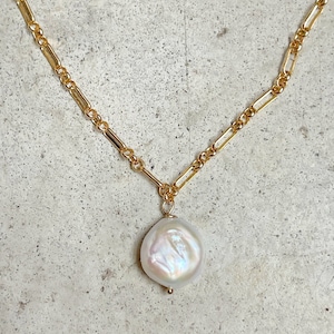 Dainty Gold Paperclip Chain and Coin Pearl Pendant Necklace W Magnetic ...