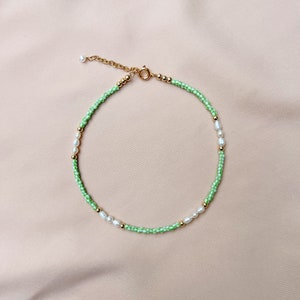 Dainty Colorful Bead Pearl Anklet, Adjustable Pearl & Bead Anklet, Beaded Anklet with Chain, Green and White Anket, Summer Beach Jewelry