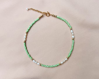 Dainty Colorful Bead Pearl Anklet, Adjustable Pearl & Bead Anklet, Beaded Anklet with Chain, Green and White Anket, Summer Beach Jewelry