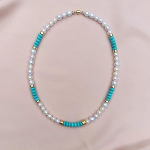 Baroque Pearl, Turquoise and Gold Necklace, Colorful Pearl Necklace, Turquoise Jewelry,  Blue Gemstone Necklace, Boho Summer Necklace