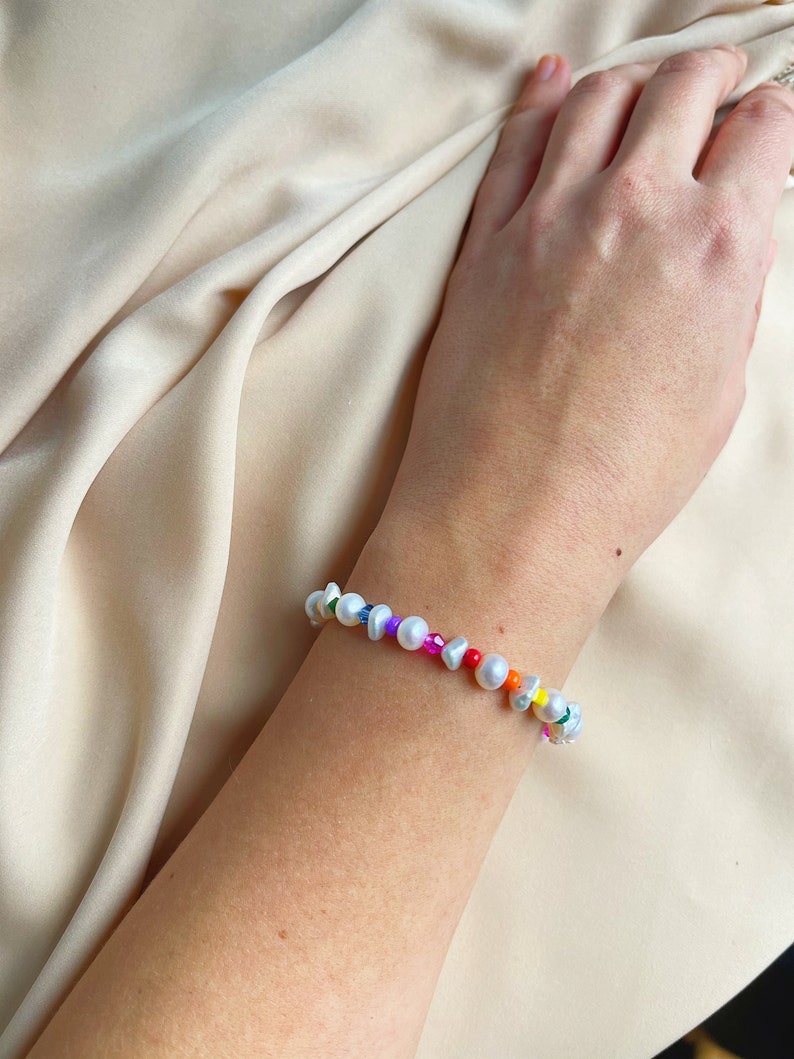 Rainbow Bead & Freshwater Pearl Bracelet, Pearl Bracelet, Colorful Beaded Bracelet, Colorful Pearl Bracelet, Gay Pride Bracelet, Pride Month image 3