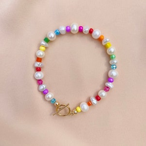 Rainbow Bead & Freshwater Pearl Bracelet, Pearl Bracelet, Colorful Beaded Bracelet, Colorful Pearl Bracelet, Gay Pride Bracelet, Pride Month image 1