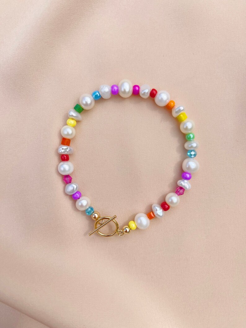 Rainbow Bead & Freshwater Pearl Bracelet, Pearl Bracelet, Colorful Beaded Bracelet, Colorful Pearl Bracelet, Gay Pride Bracelet, Pride Month image 1