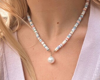 Colorful Puka Shell and Blue Opal Necklace with Baroque Pearl Pendant, Pastel Puka Shell Necklace, Pearl Pendant, Colorful Beach Necklace