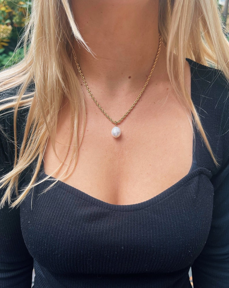 14k Gold-Filled Rope Chain and Pearl Pendant Necklace, Pearl Charm Necklace, Gold Rope Chain, Pearl & Gold Necklace, Everyday Pearl Necklace image 3