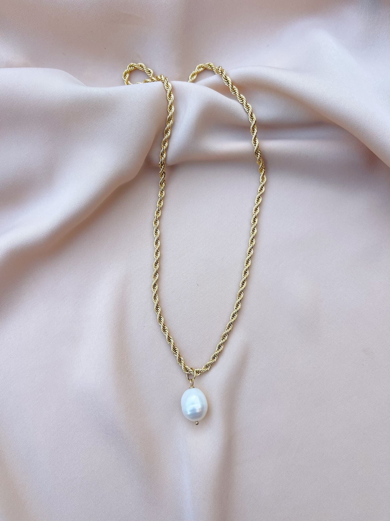 14k Gold-Filled Rope Chain and Pearl Pendant Necklace, Pearl Charm Necklace, Gold Rope Chain, Pearl & Gold Necklace, Everyday Pearl Necklace image 4