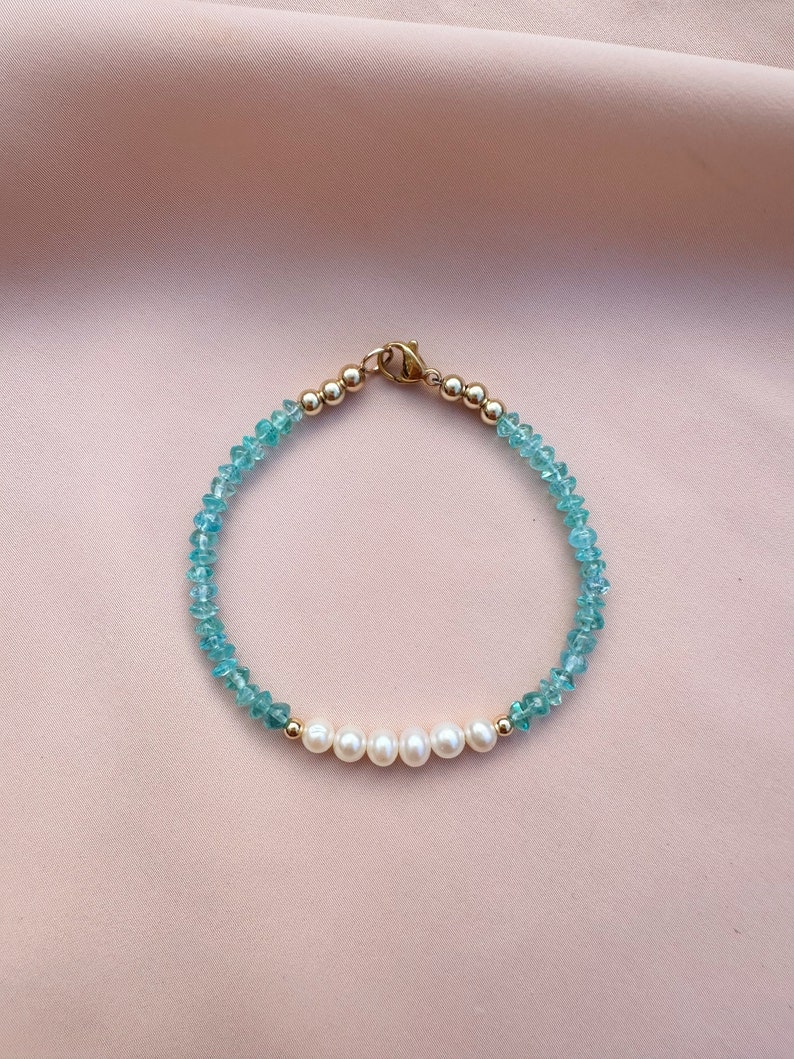 Aquamarine & Freshwater Pearl Bracelet, Blue Beaded Bracelet, Dainty Gemstone Bracelet, Blue Crystal Jewelry, March Birthstone Jewelry image 5