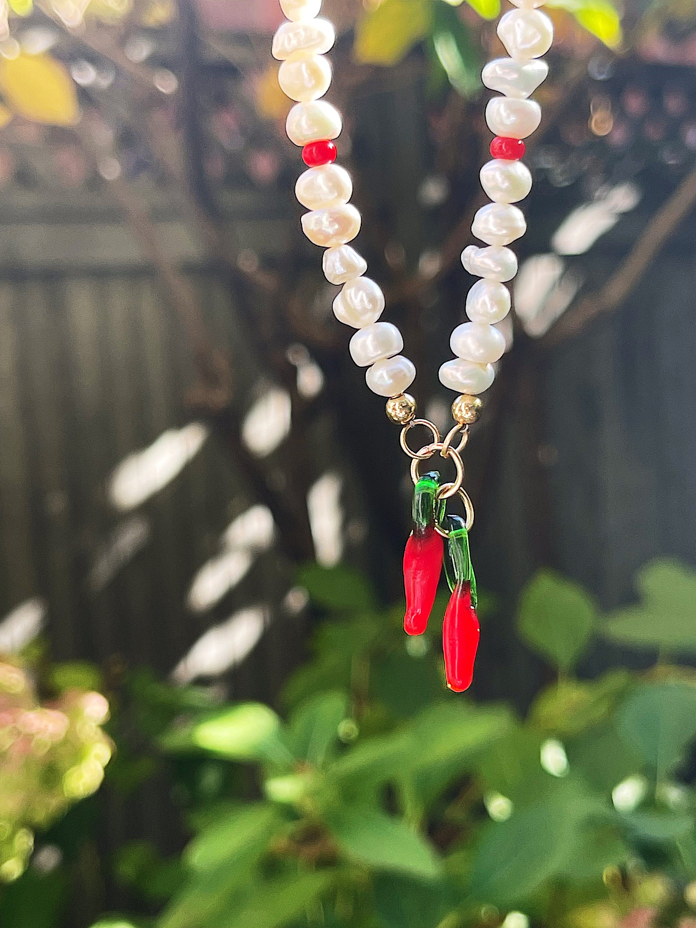 Pearl & Red Hot Chili Pepper Charm Pendant Necklace Chili Etsy
