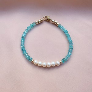 Aquamarine & Freshwater Pearl Bracelet, Blue Beaded Bracelet, Dainty Gemstone Bracelet, Blue Crystal Jewelry, March Birthstone Jewelry image 4
