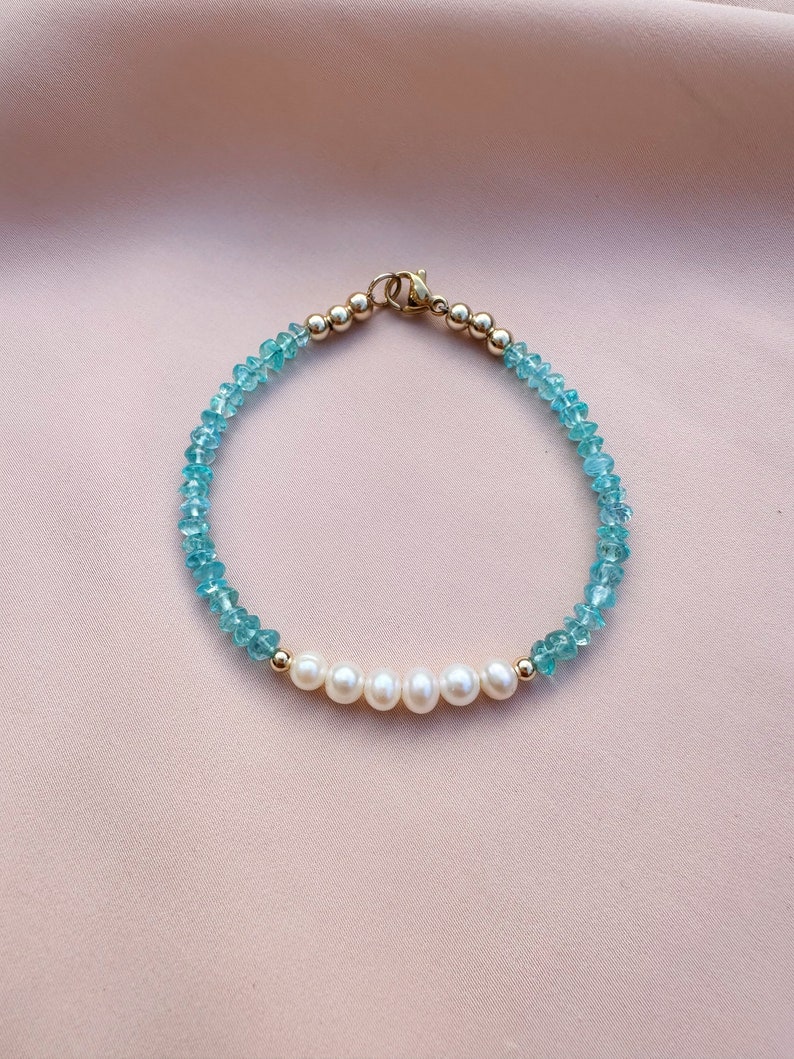 Aquamarine & Freshwater Pearl Bracelet, Blue Beaded Bracelet, Dainty Gemstone Bracelet, Blue Crystal Jewelry, March Birthstone Jewelry image 4