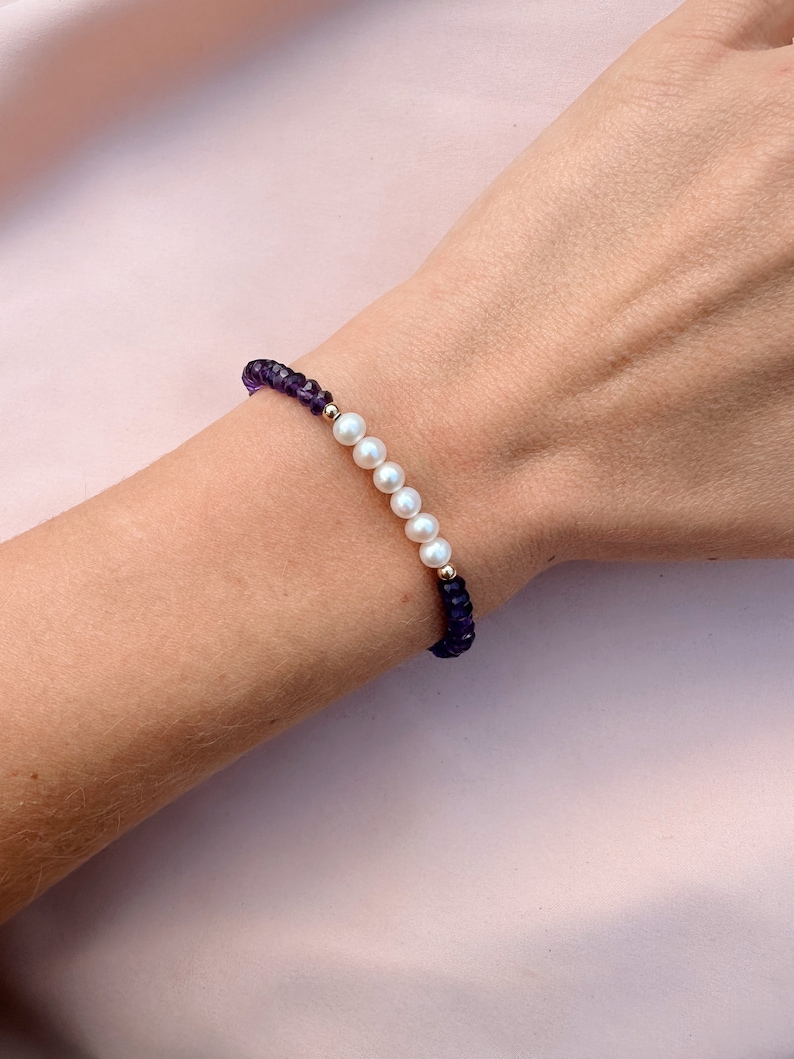 Amethyst & Freshwater Pearl Bracelet, Purple Beaded Bracelet, Dainty Gemstone Bracelet, Purple Crystal Jewelry, February Birthstone Jewelry image 3