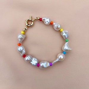 Freshwater Baroque Pearl and Rainbow Bead Bracelet, Baroque Pearl Bracelet, Colorful Bracelet, Pearl Beaded Bracelet, Gay Pride Bracelet image 1