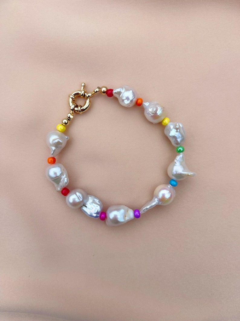 Freshwater Baroque Pearl and Rainbow Bead Bracelet, Baroque Pearl Bracelet, Colorful Bracelet, Pearl Beaded Bracelet, Gay Pride Bracelet image 1