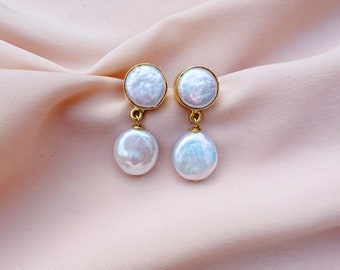 Pearl Circle Stud and Coin Pearl Earrings, Dangly Pearl Earrings, Pearl Bridal Earrings, Bridesmaid Earrings, Gold Pearl Drop Earrings