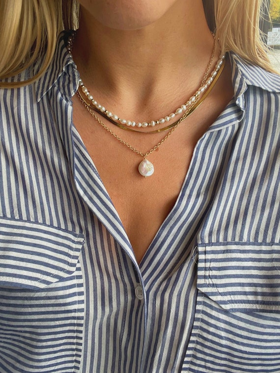 Long and Slim - White Pearl Necklace in 4mm Half Round Pearls