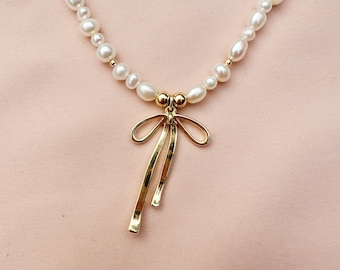 Bow Charm Pearl Necklace, Bow Pendant Necklace, Pearl Wedding Necklace, Everyday 14k Gold-Filled Pearl Necklace, Tarnish Free Necklace