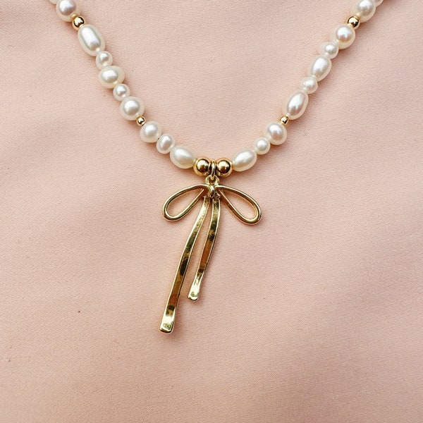 Bow Charm Pearl Necklace, Bow Pendant Necklace Dainty Pearl Necklace, Everyday Pearl Necklace, Thin Pearl and Gold Necklace, Bow Jewelry