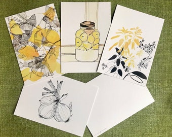 Set of 5 postcards with illustrations