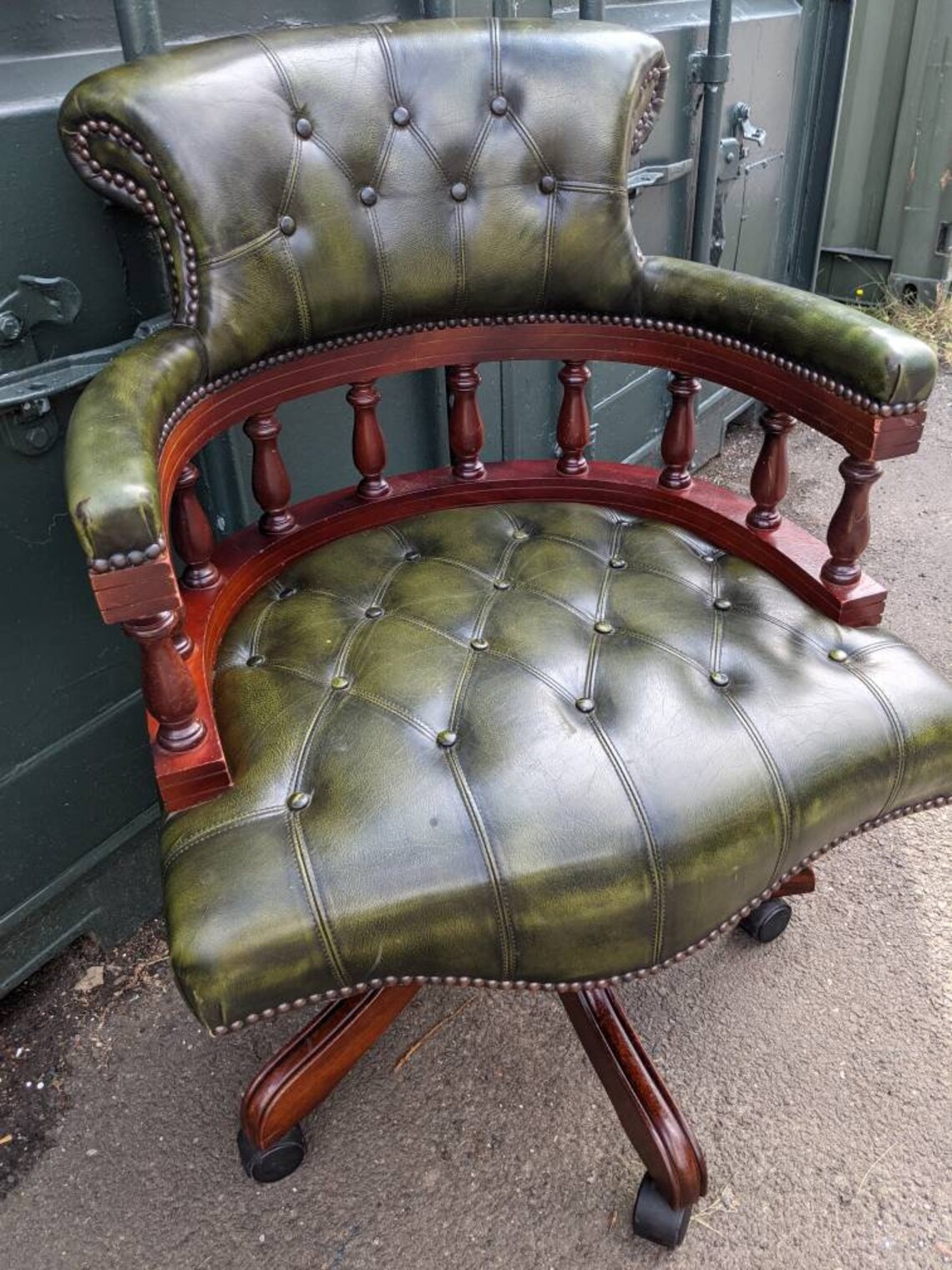 Vintage Green Leather Chesterfield Style Swivel Captains Chair Etsy