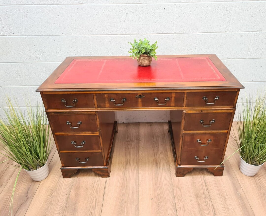 Vintage Red Leather Top Captains Pedestal Desk Etsy UK