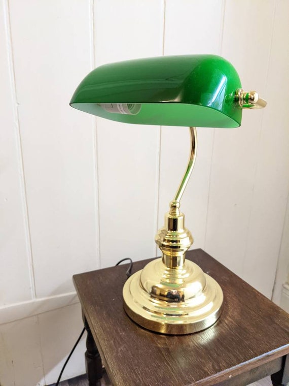 Vintage Style Green / Brass Bankers Lamp 