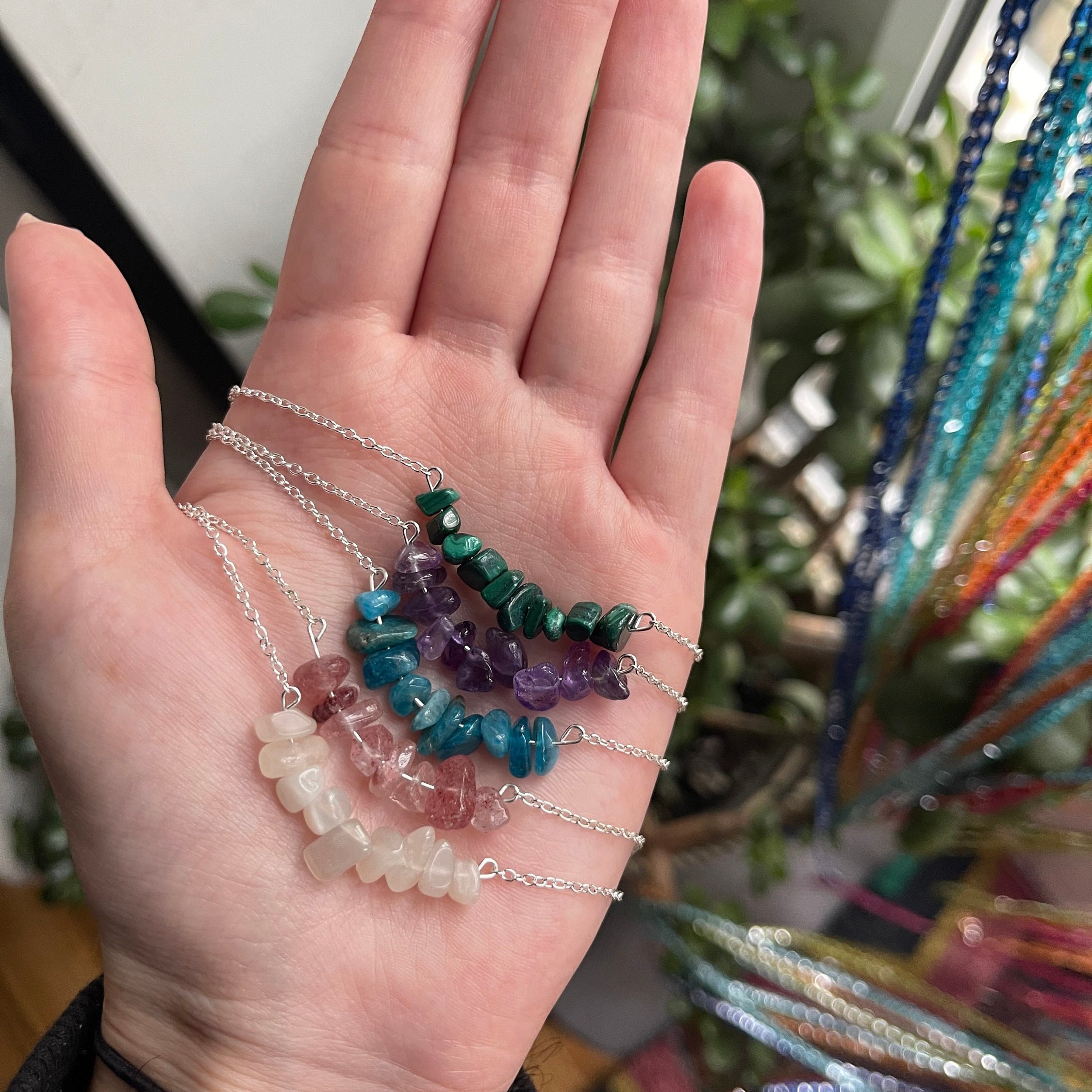 Curved Healing Crystal Chip Bar Chain Necklace Available Curved Healing Crystal Chip Bar Chain Necklace Available