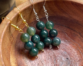 Handmade Moss Agate Healing Crystal Sphere Gem Dangle Drop Hook Earrings