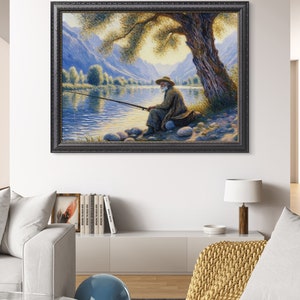 Wall print image of an old man sitting fishing on the bank of a river, a Monet style painting.