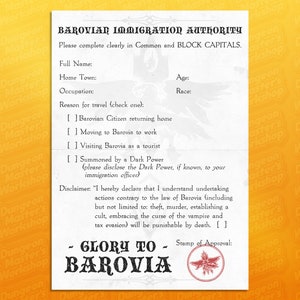 D&D Fluch von Strahd Spieler Handout - Barovia Einwanderungsformular Printable PDF