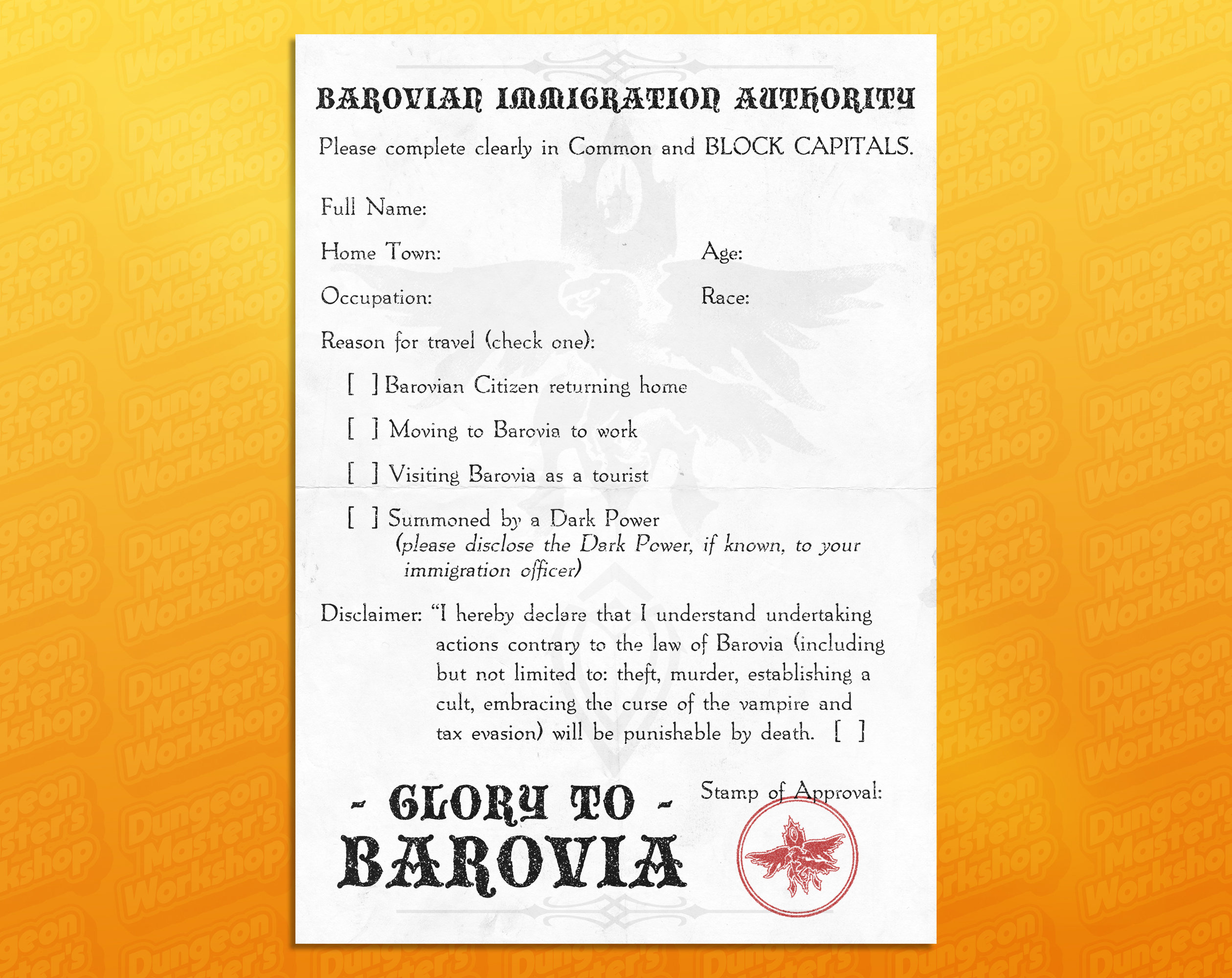 D&D Curse of Strahd Player Handout - Barovia Immigration Form Printable ...