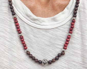 Necklace of sandalwood and robles wood beads with nickel free metal spacers