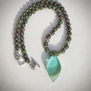African green Jasper bead choker necklace with epoxy resin pendant