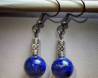 Stainless steel dangle earrings with 10mm lapis lazuli beads