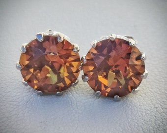 Brass stud earrings with light amber chaton crystal bezel