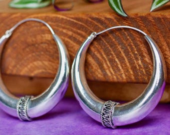 Silver Tribal Hoop Earrings, Silver Bali Earrings, Large Silver Hoops, Small Chunky Hoops, Sensitive Ears Option