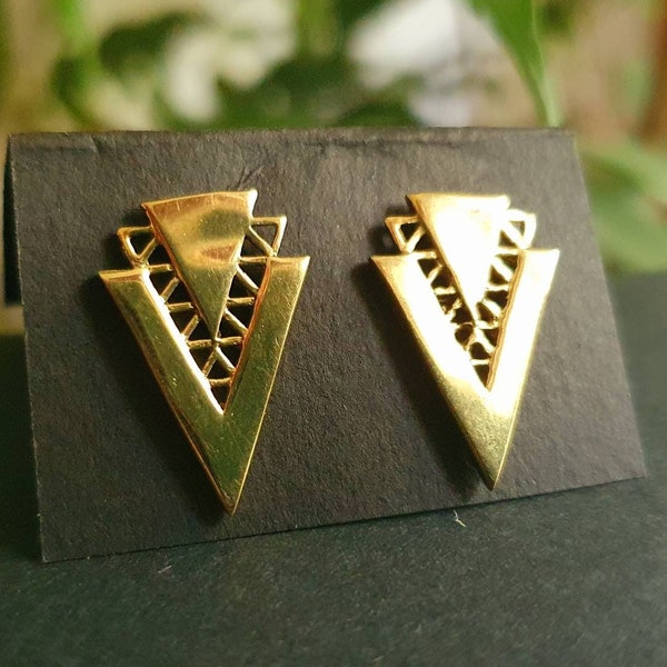 Contemporary Minimalist Gold Triangle Stud Earrings / Geometric Chic Ethnic Boho Bohemian Chic  Gypsy Spiral Hippie Festival