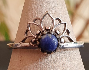 Lapis Lazuli Silver Ring Lotus Flower / Boho /  Ethnic / Rustic / Tribal / Gypsy / Festival / Indian / Healing / Festival