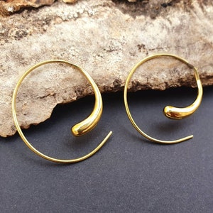 Minimalist Golden Spiral Hoop Earrings; Ethnic, Geometric,  Small, Rustic, Yoga, Hippie, Gypsy, Pretty, Ssy, Boho, Bohemian, Festival