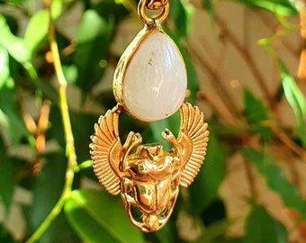 Moonstone Scarab Pendant Necklace, Stainless steel Chain, Brass Pendant Necklace,