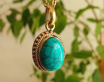 Turquoise  Collier pendentif doré / Laiton / Hypoallergénique / Acier Inoxydable / Pierre de Naissance / Bohème / Ethnique / Rustique /