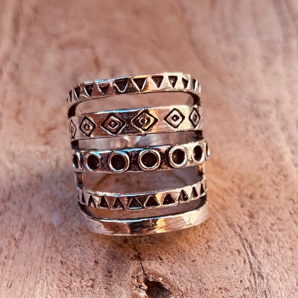 Aztec Silver Ring / Unisex / Mens / Large size / Geometric / Boho / Ethnic / Rustic / Festival / Bohemian / Hippie / Gypsy / Psy